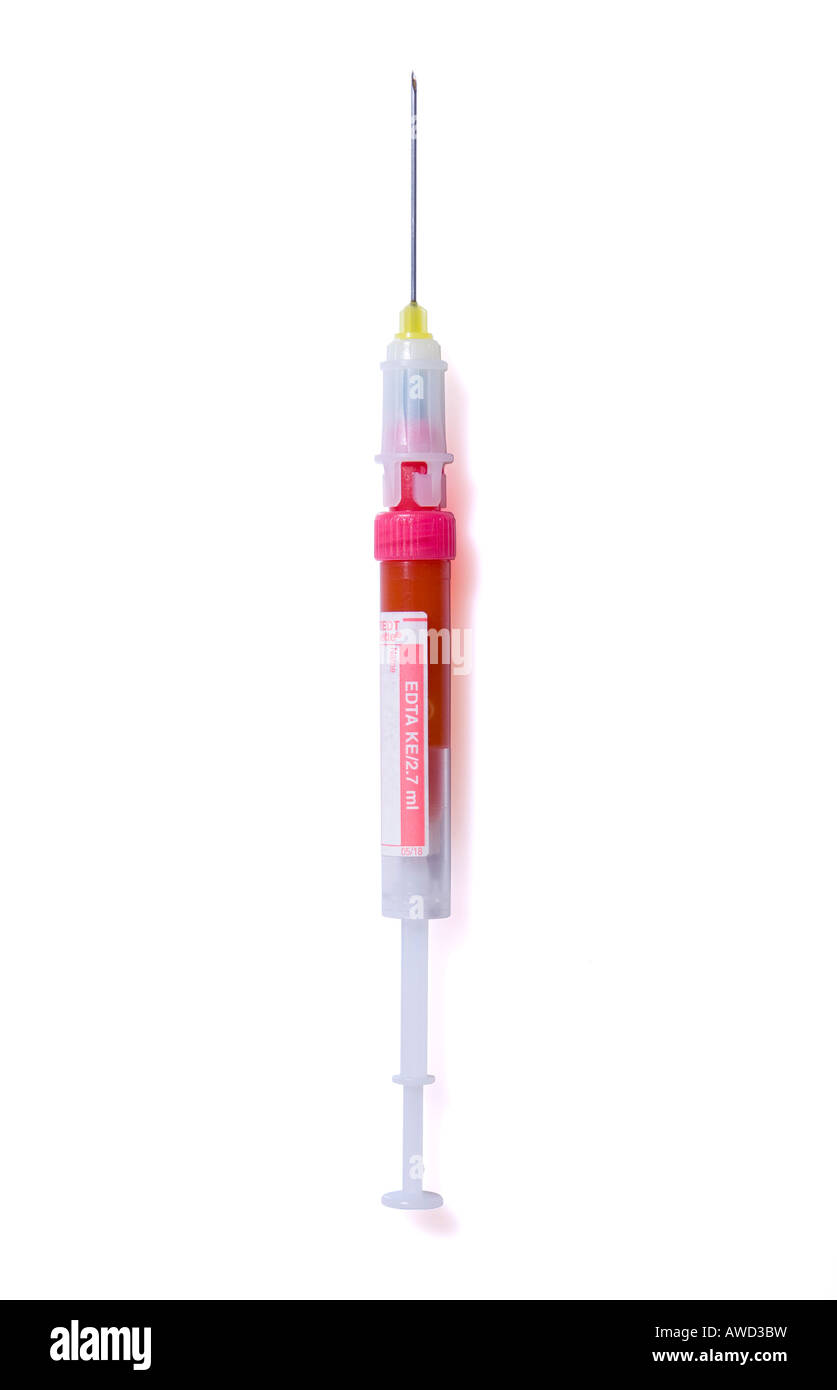 Wound-up disposable syringe, blood Stock Photo