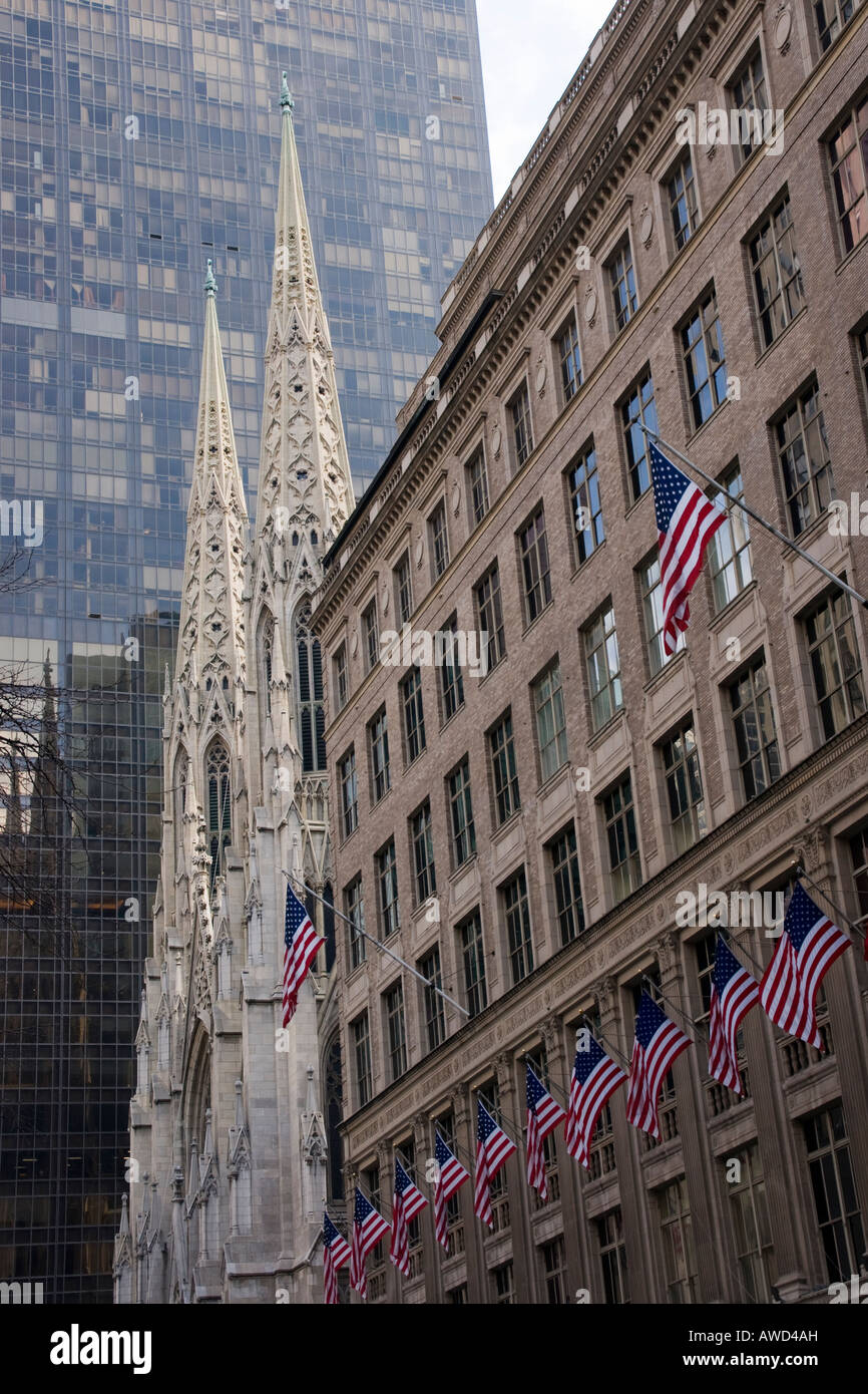 Saks department store and St Patrick's Cathedral on Fifth Avenue, New York Stock Photo
