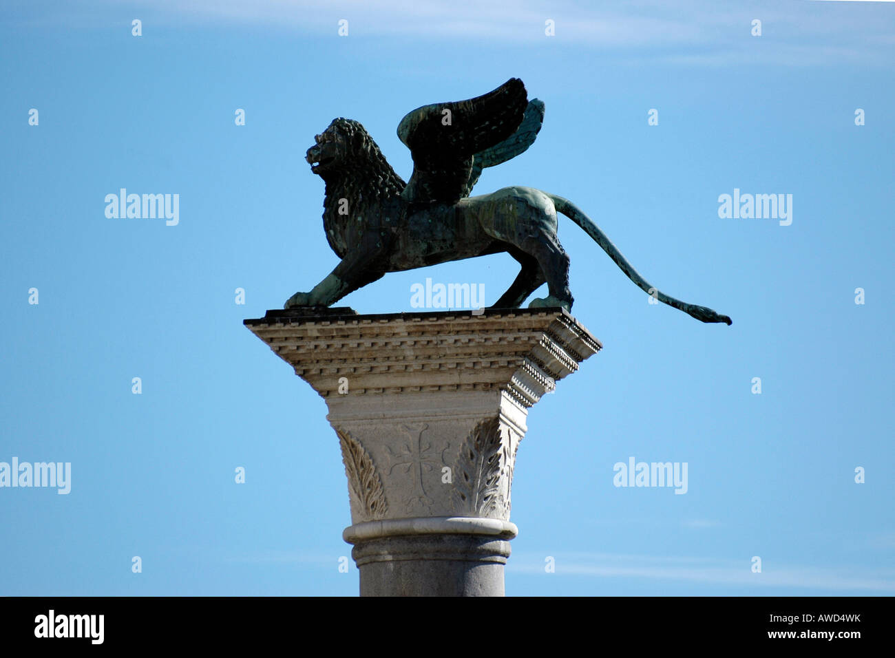 Lion statue in St. Mark's Square (Piazza San Marco) viewed from St Mark's Campanile, Venice, Veneto, Italy, Europe Stock Photo
