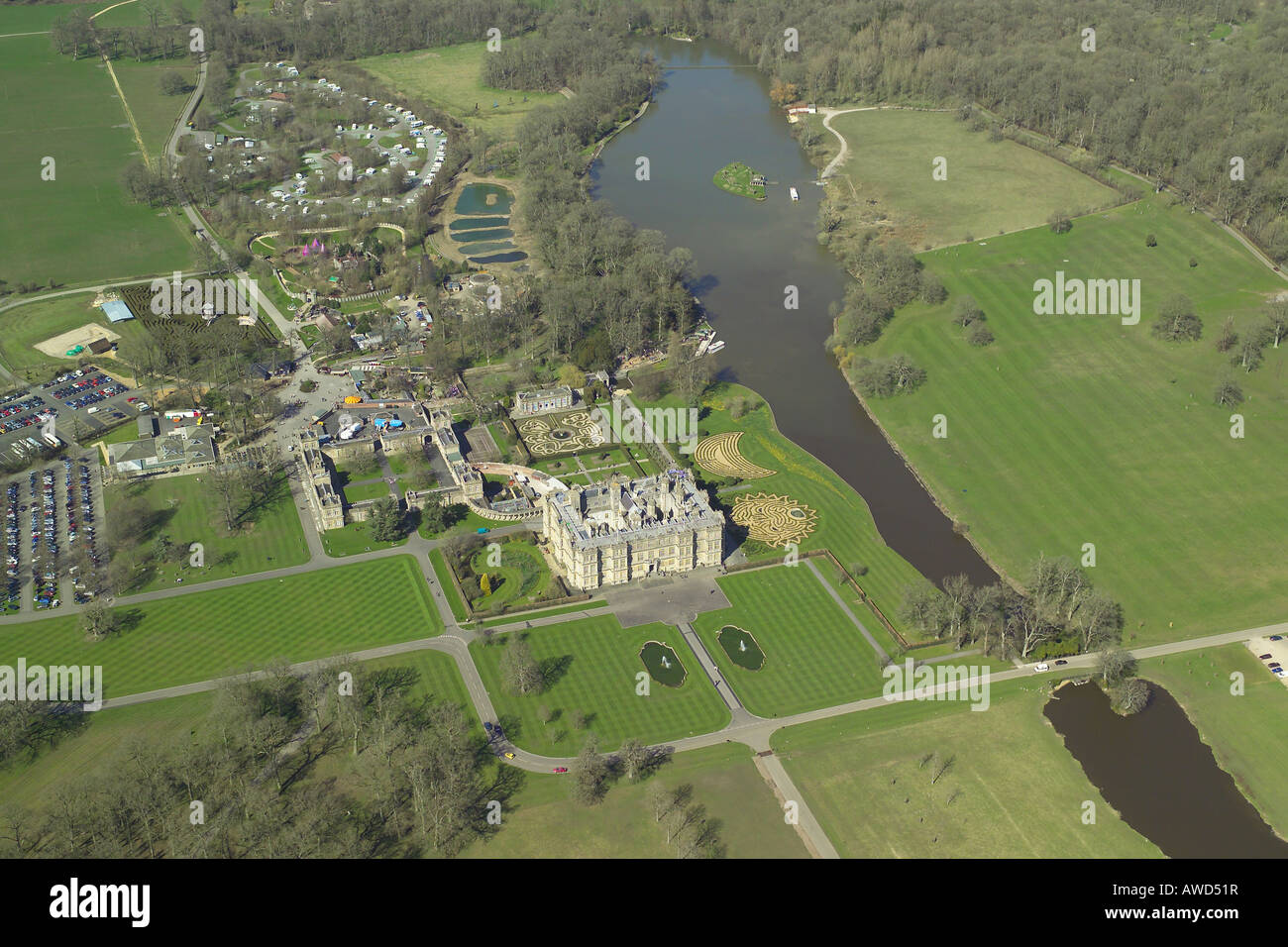 Aerial view of Longleat House shown with it's formal gardens and lake. The stately home is famous for it's Safari Park Stock Photo