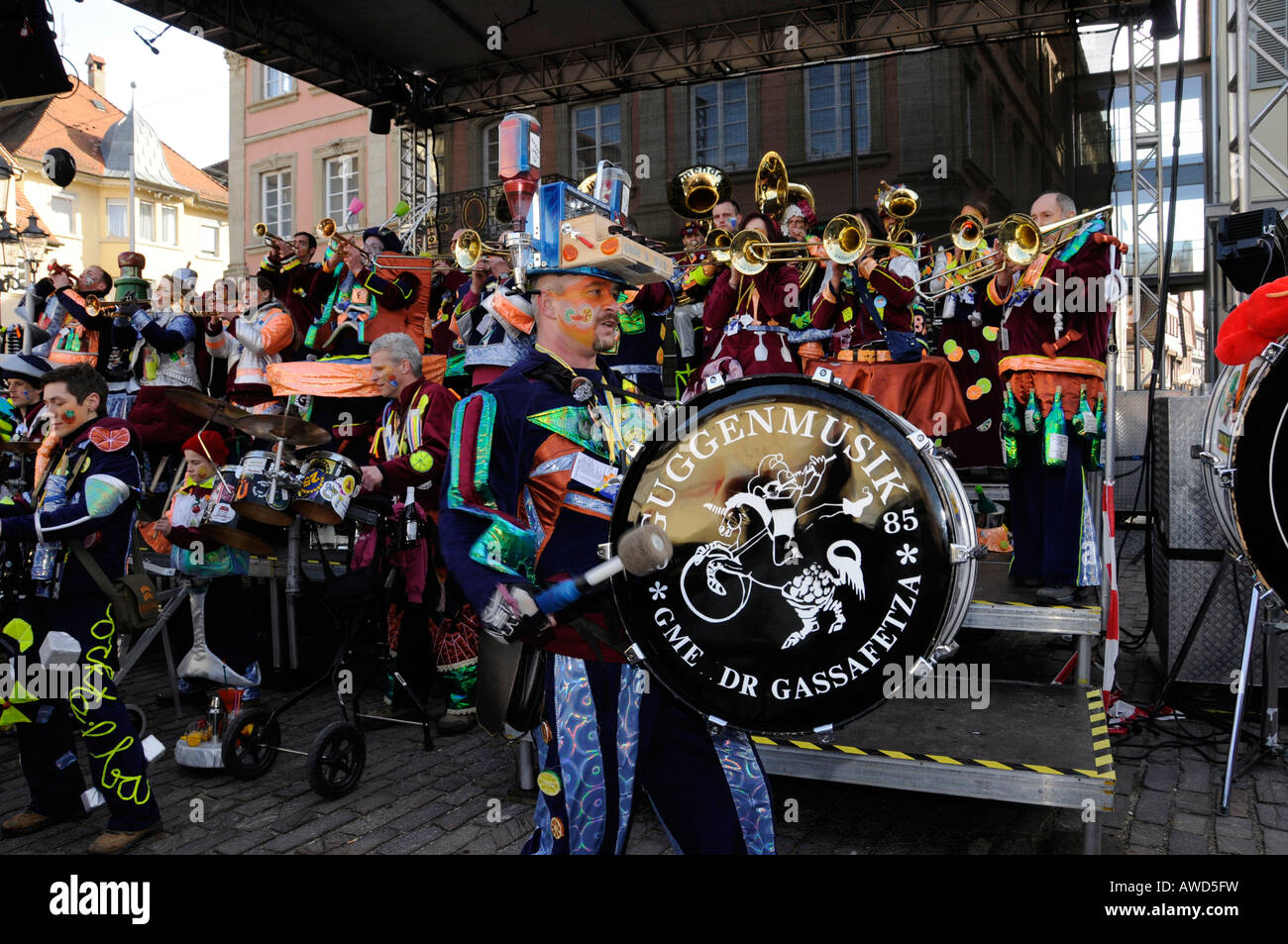 Gmendr Gassafetza Band, part of a procession of Gugge musicians at the 25th international meeting for Gugge music in Schwaebisc Stock Photo