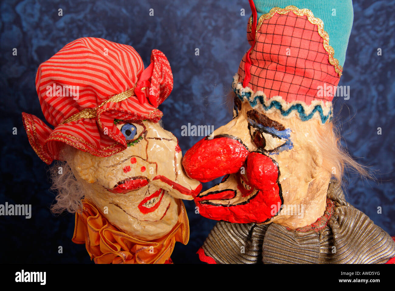 Close up of traditional Punch and Judy hand puppets in action in Punch and Judy puppet show. Stock Photo