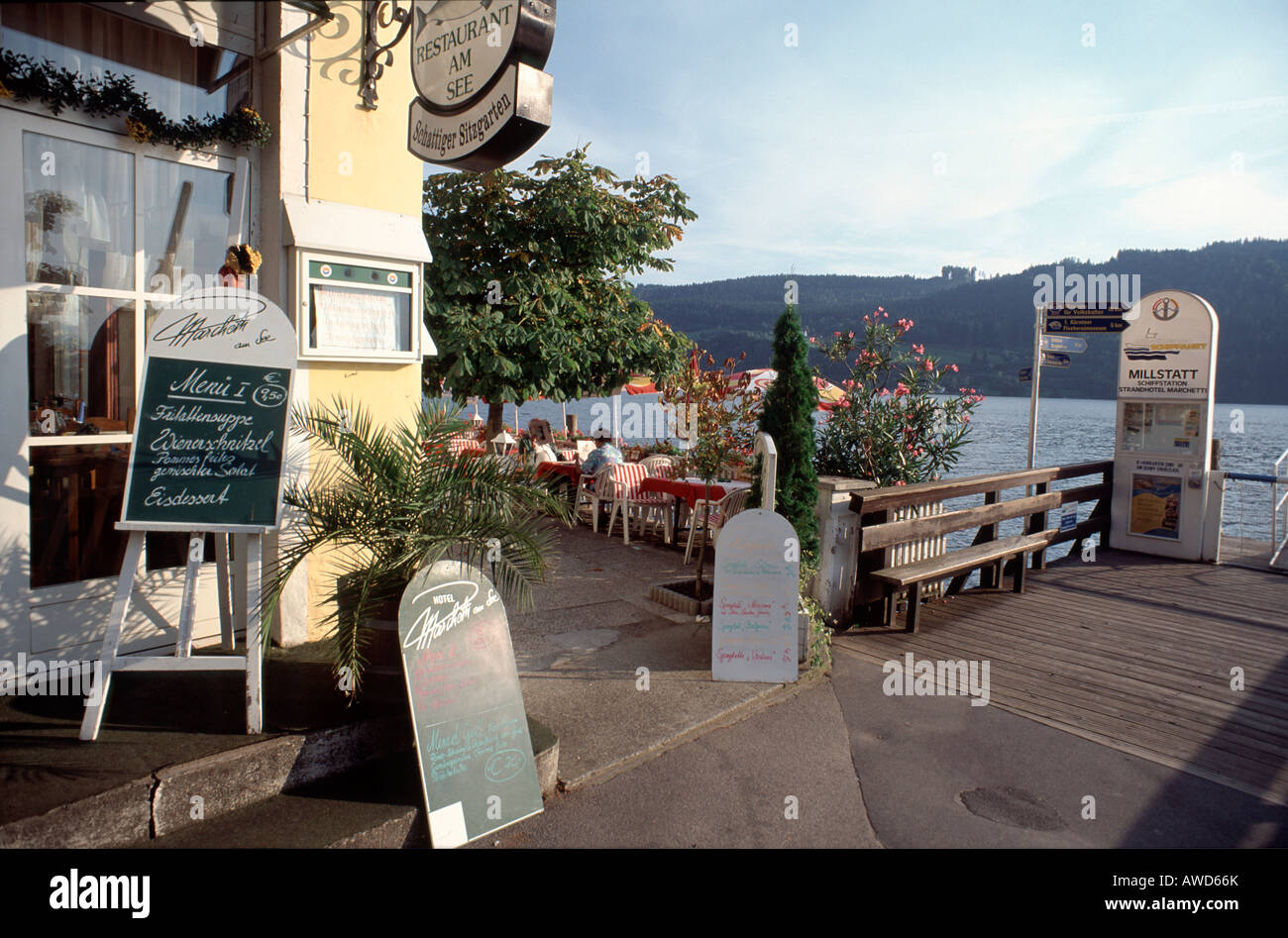 Restaurant with lakeside patio at Lake Millstatt, Millstatt, Carinthia, Austria, Europe Stock Photo