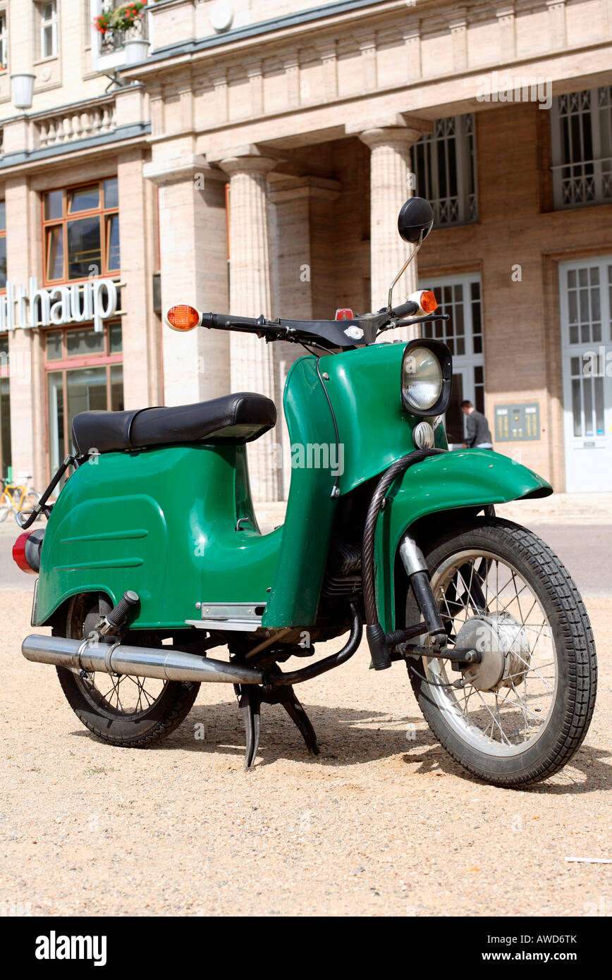 Green old GDR motor scooter (Schwalbe), Germany, Europe Stock Photo