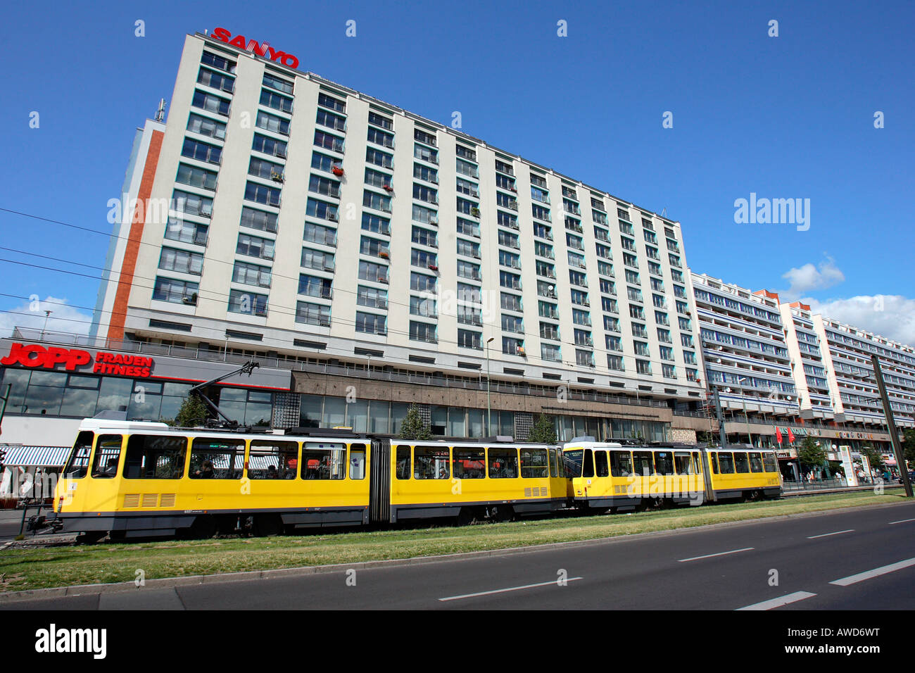 Plattenbau (buidling made with precast concrete slabs) and tram in Berlin, Germany, Europe Stock Photo