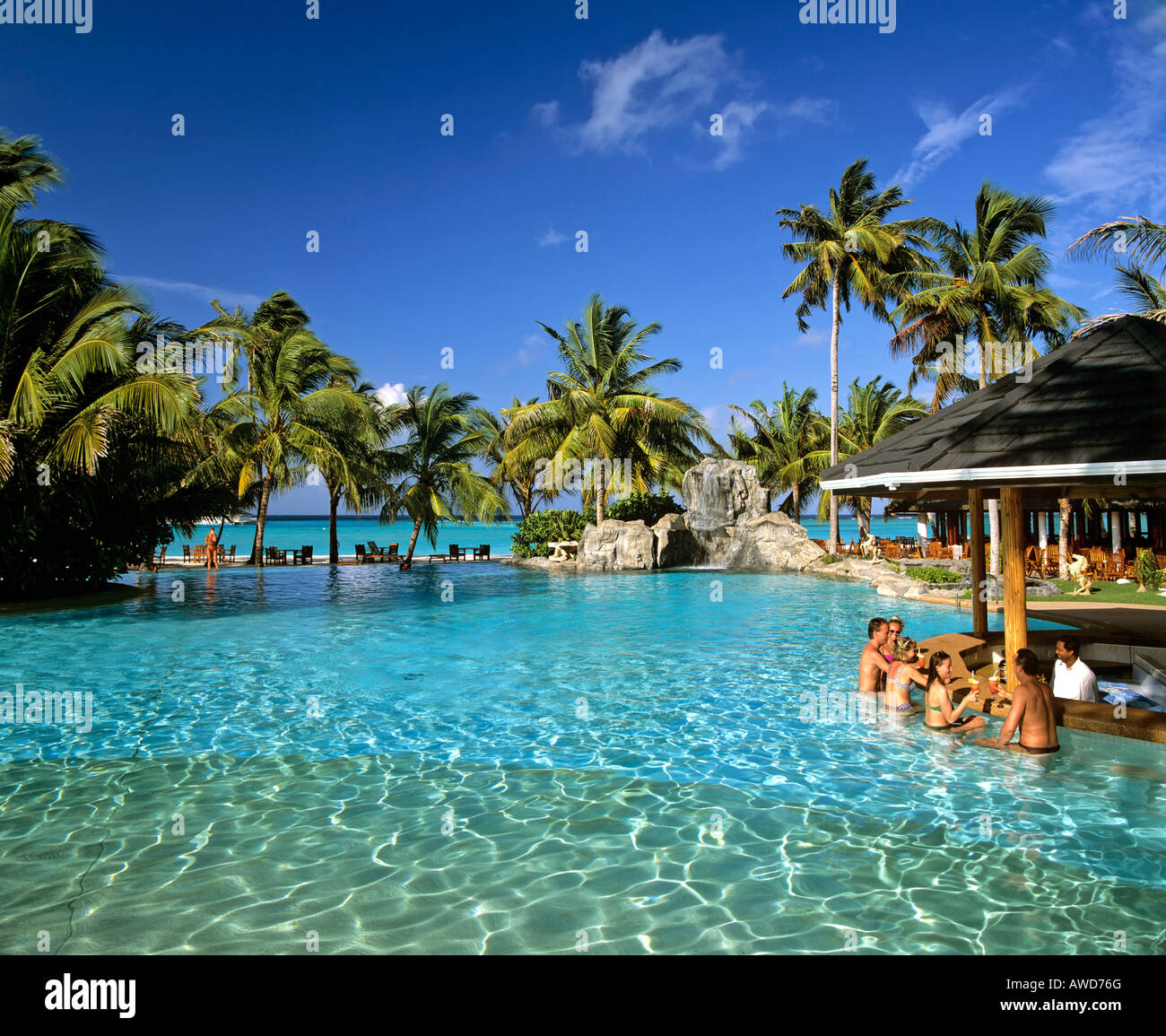 Swimming pool, pool bar, ocean and palm trees, Sun Island, Ari Atoll, Maldives, Indian Ocean Stock Photo