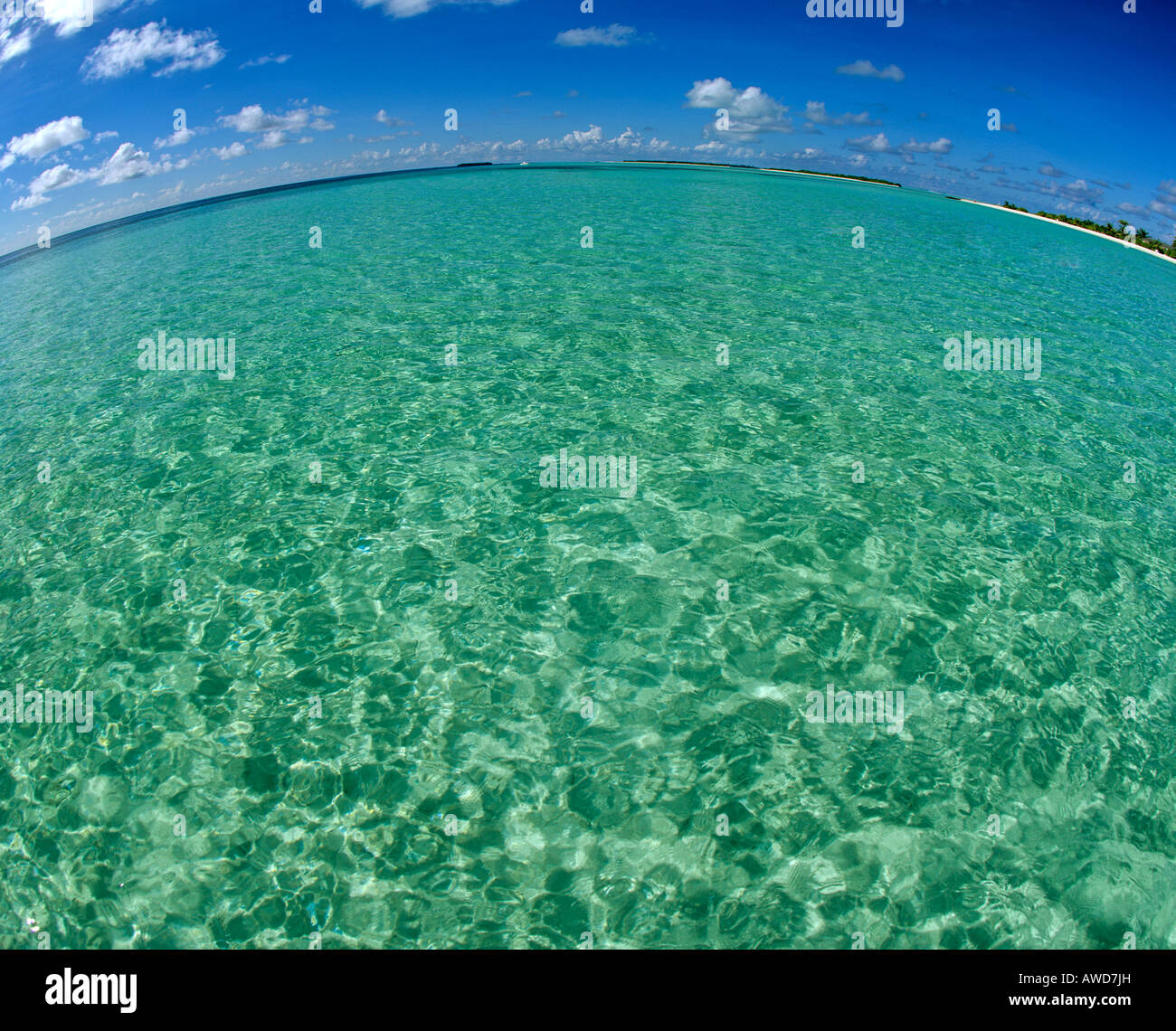 Turquoise waters, islands, fisheye lens, Maldives, Indian Ocean Stock Photo