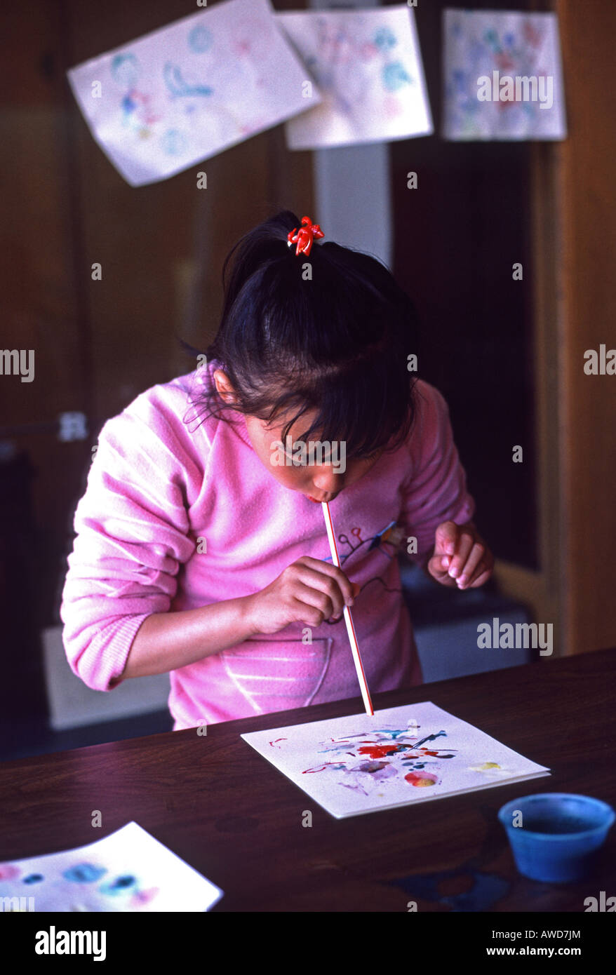 girl six years old makes bubble art San Francisco California Stock Photo