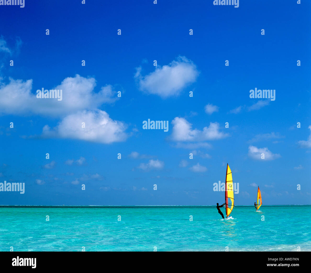 Windsurfers in a lagoon, Maldives, Indian Ocean Stock Photo