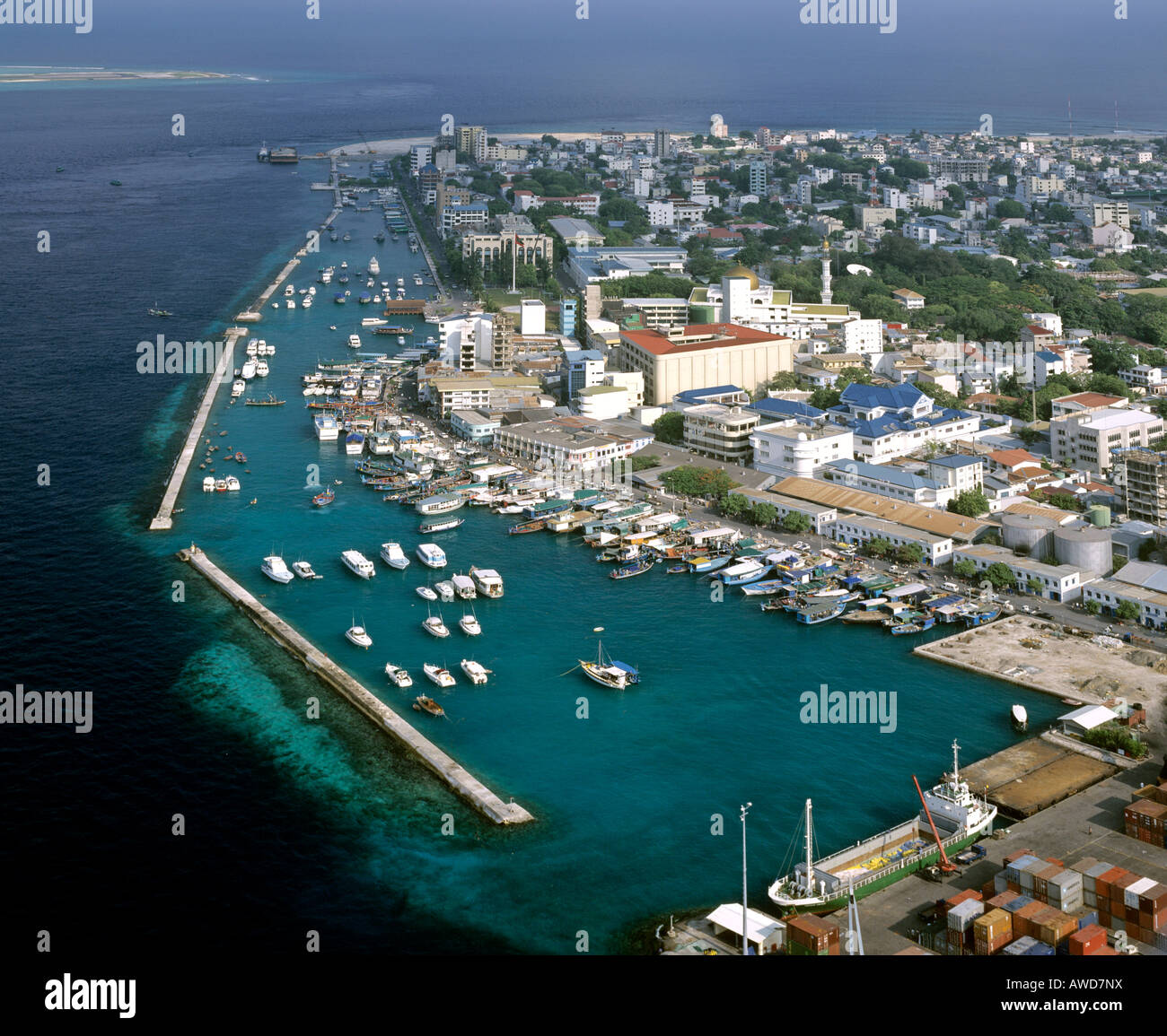 Aerial view of harbour, Friday Mosque with minaret and golden dome, Male (Dhivehi), Maldives, Indian Ocean Stock Photo