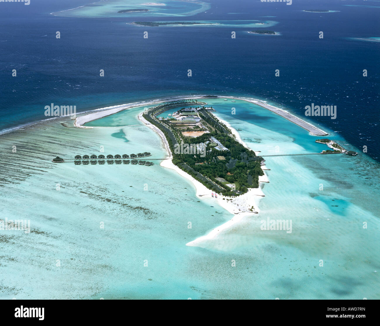 Aerial view of Paradise Island, Lakanfinolhu, North Male Atoll, Maldives, Indian Ocean Stock Photo