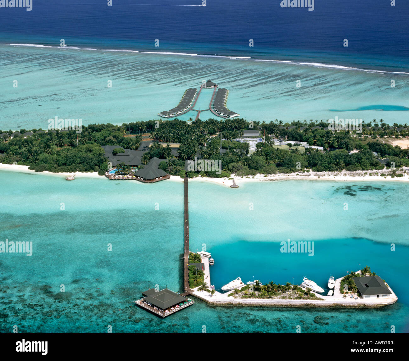 Aerial view of Paradise Island, Lakanfinolhu, North Male Atoll, Maldives, Indian Ocean Stock Photo