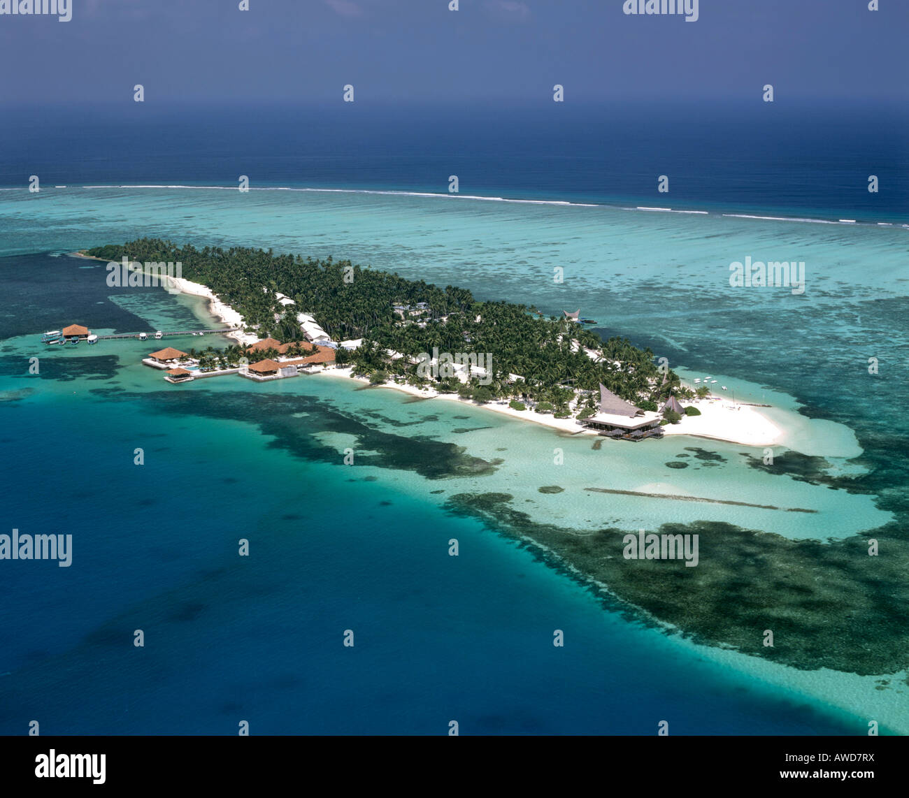 Aerial view of Club Faru, Farukolhu Fushi, North Male Atoll, Maldives, Indian Ocean Stock Photo