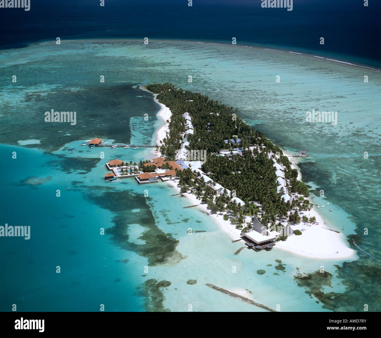 Aerial view of Club Faru, Farukolhu Fushi, North Male Atoll, Maldives, Indian Ocean Stock Photo