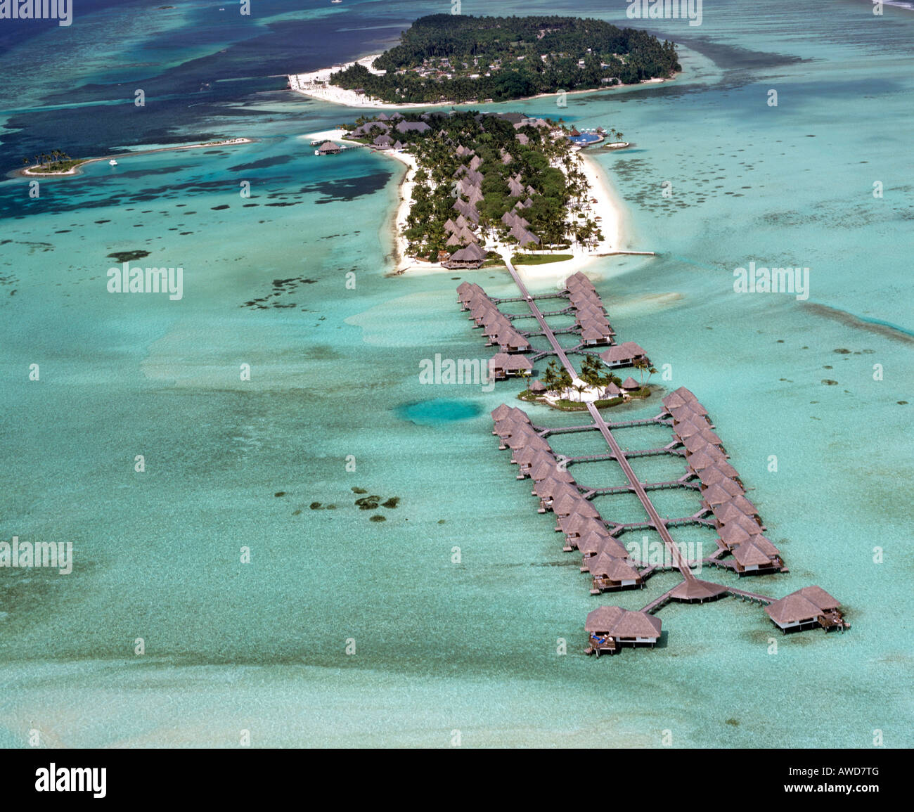 Aerial view of the Four Seasons Resort at Kuda Huraa, North Male Atoll, Maldives, Indian Ocean Stock Photo