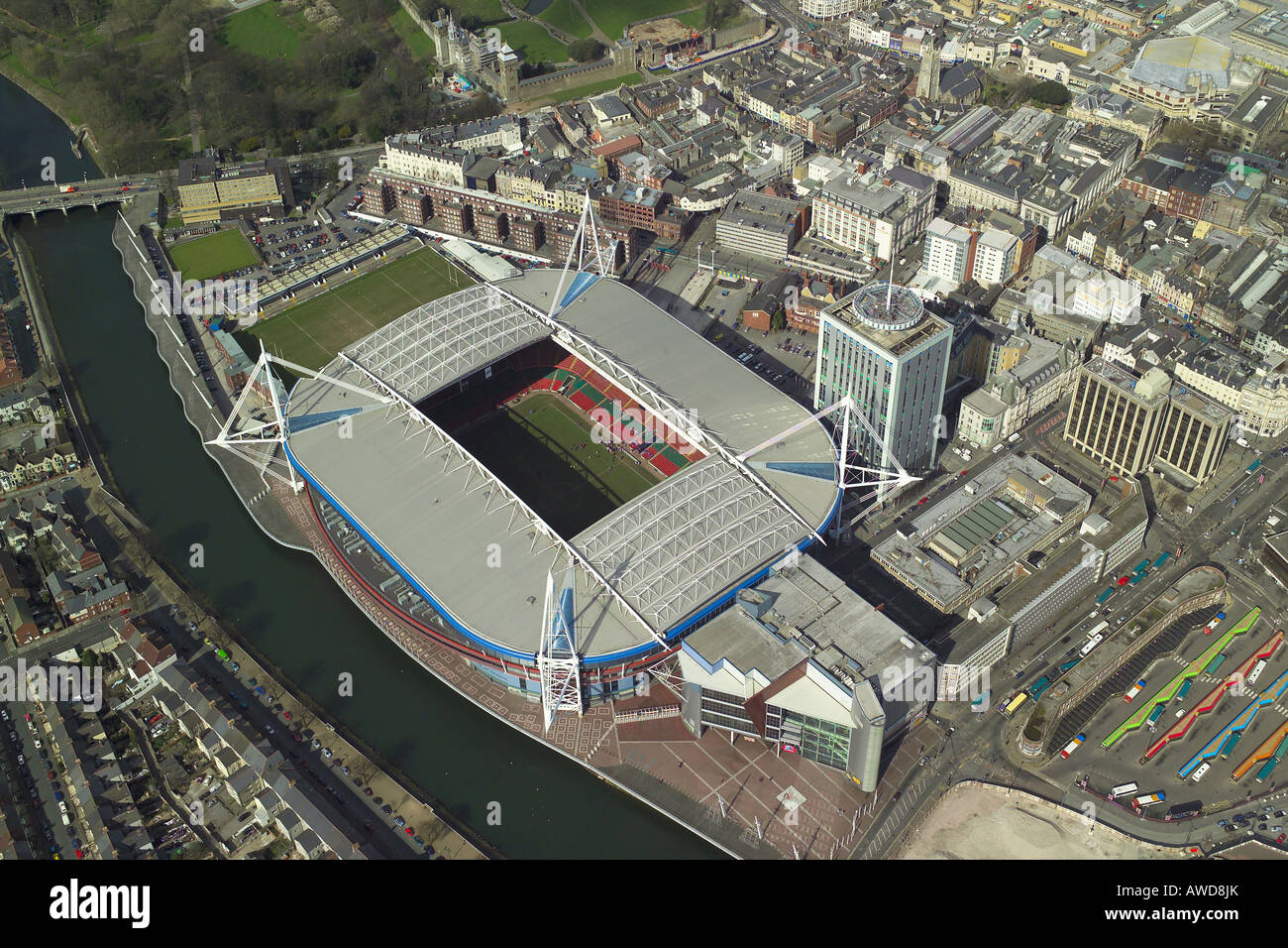 Aerial view of the Millennium Stadium in Cardiff, Wales, home of Welsh  Rugby Union and the venue for concerts & sporting events Stock Photo - Alamy