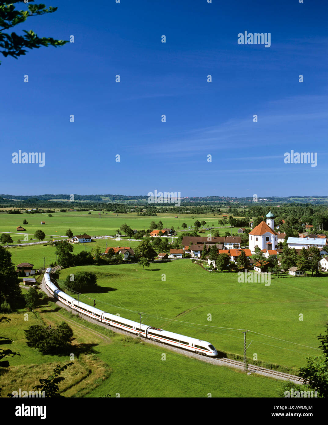 Panoramic view of Eschenlohe featuring the ICE Inter City Express high-speed train, Loisach Valley, Upper Bavaria, Germany, Eur Stock Photo