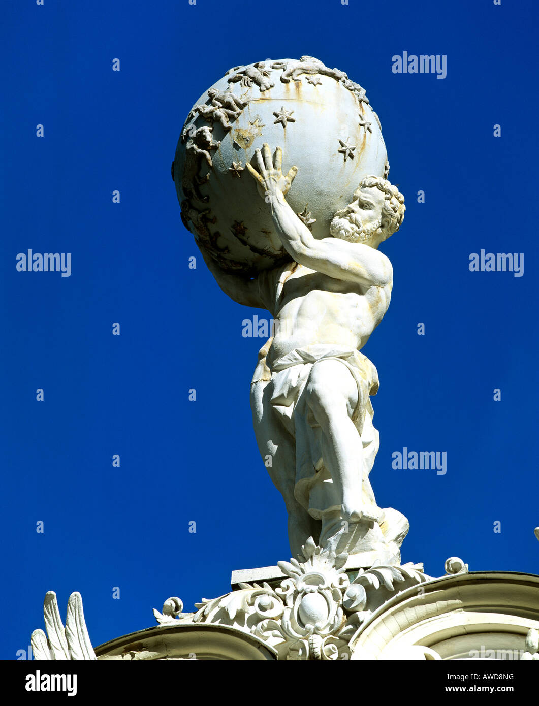 Linderhof Castle, Atlas statue, Upper Bavaria, Bavaria, Germany, Europe Stock Photo