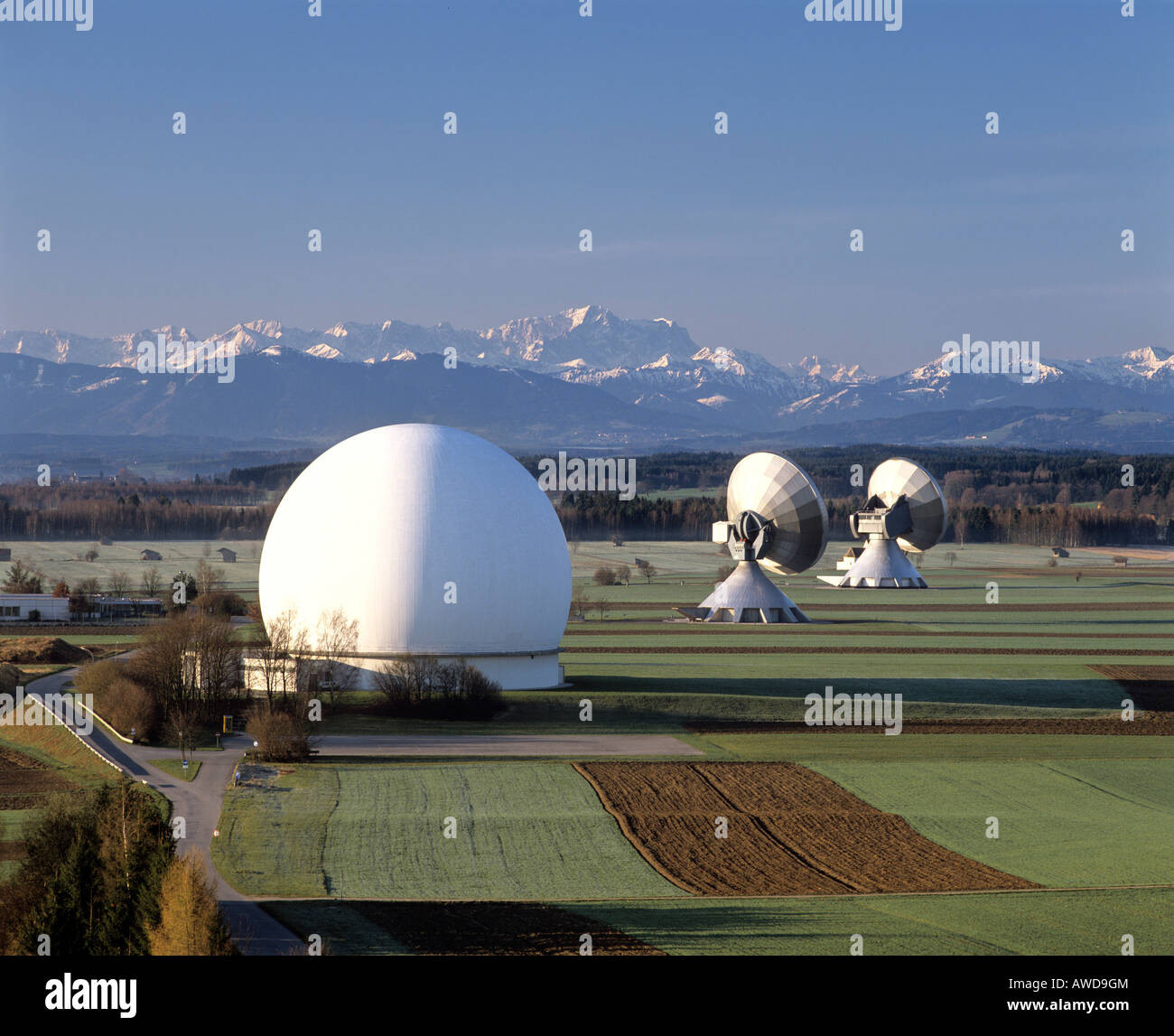 Antennas of the Satellite Earth Station Raisting, radome, Alps panorama, Upper Bavaria, Bavaria, Germany Stock Photo