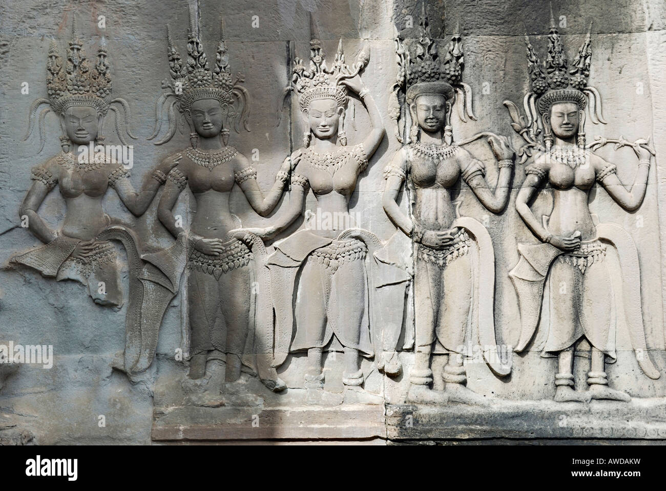 Relief of godlike Apsaras, Angkor Wat temple, Cambodia Stock Photo