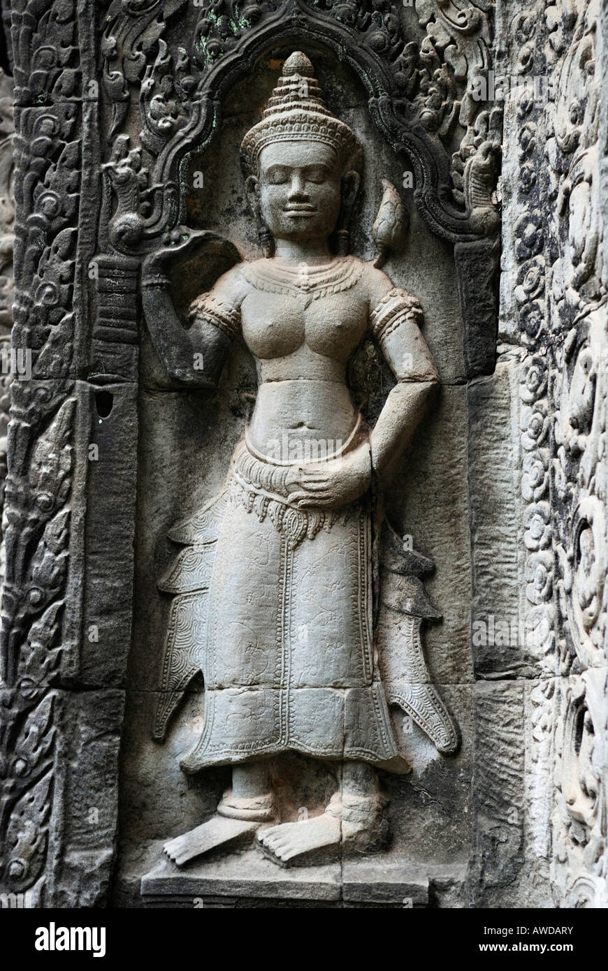 Relief of a godlike Apsara, Ta Prohm tempel, Angkor, Cambodia Stock Photo