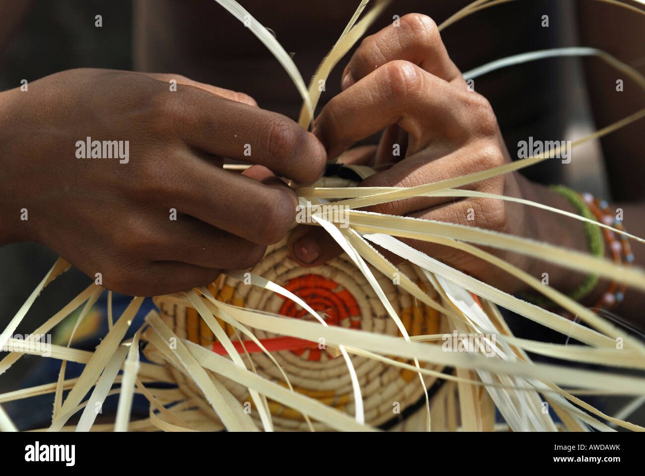A girl´s hands lacing a basket of Tucuma palm fibers (Astrocaryum vulgare), Amazon Basin, Brazil Stock Photo