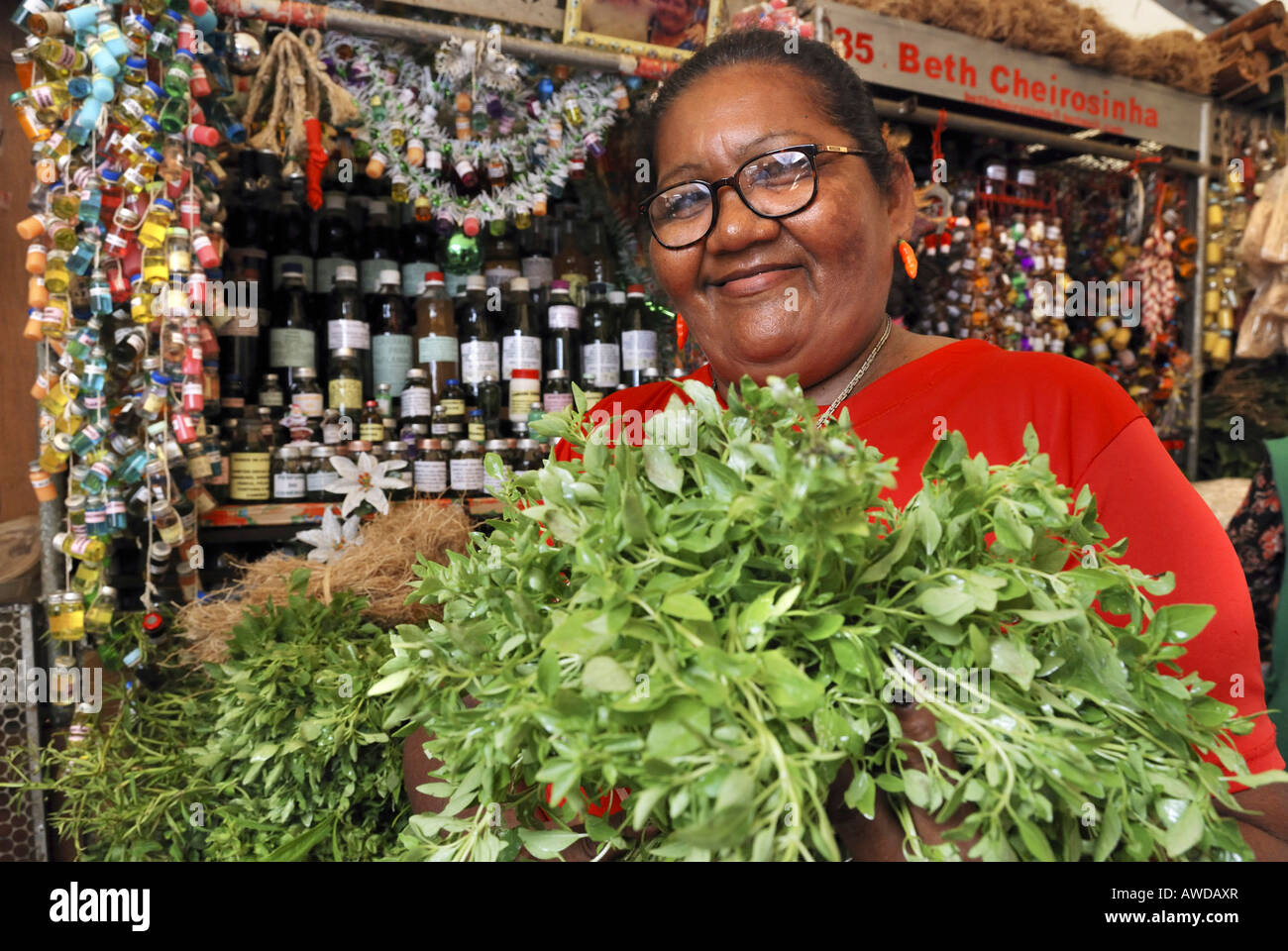 Witch woman selling herbs of the Amazon rainforest at 'Ver-O-Peso' market, Belem, Para, Brazil Stock Photo