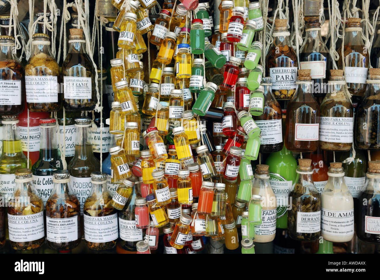Essences made of herbs, roots and oils from the Amazon rainforest, 'Ver-O-Peso' market, Belem, Para, Brazil Stock Photo