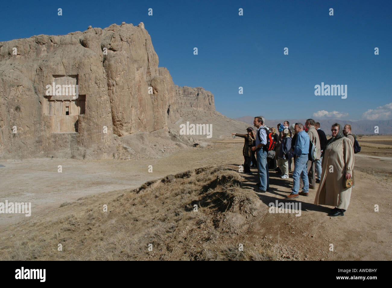 Rock graves of kings Dareios I., Dareios II., Xerxes I. and Artaxerxes I., Naqsh-e Rostam, Iran Stock Photo