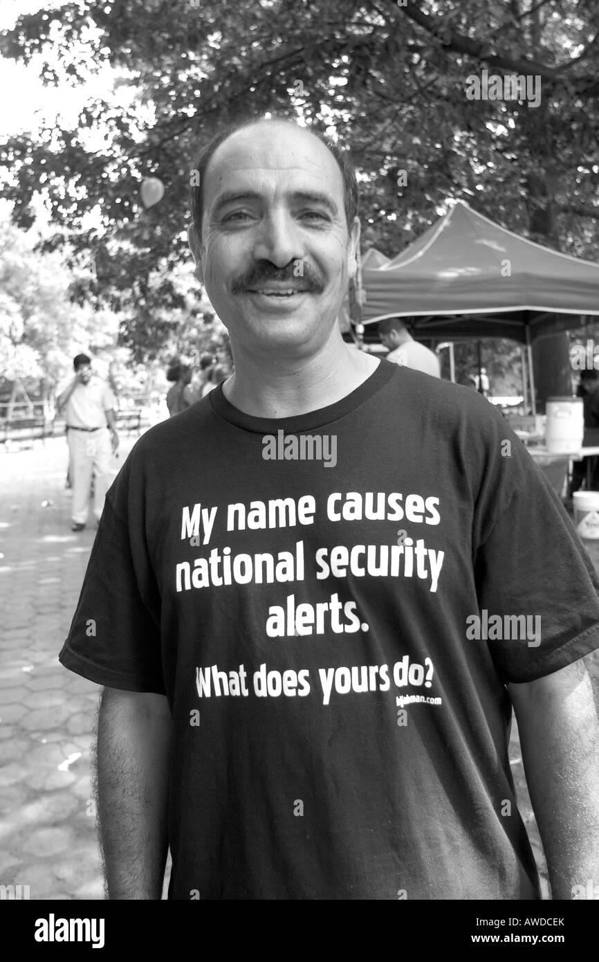 Brooklyn, NY,  Arab American Heritage Festival Prospect Park Man wears his frustration and sense of humor on his t shirt Stock Photo