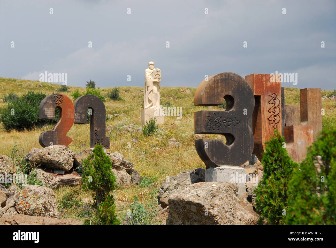 Memorial for Mesrop Maschtots' (inventor of the armenian alphabet) at the bottom of Aragaz mountain, near Bjurakan, Armenia Stock Photo
