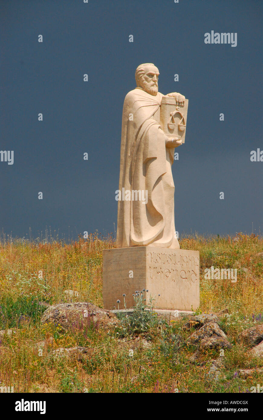 Memorial for Mesrop Maschtots' (inventor of the armenian alphabet) at the bottom of Aragaz mountain, near Bjurakan, Armenia Stock Photo