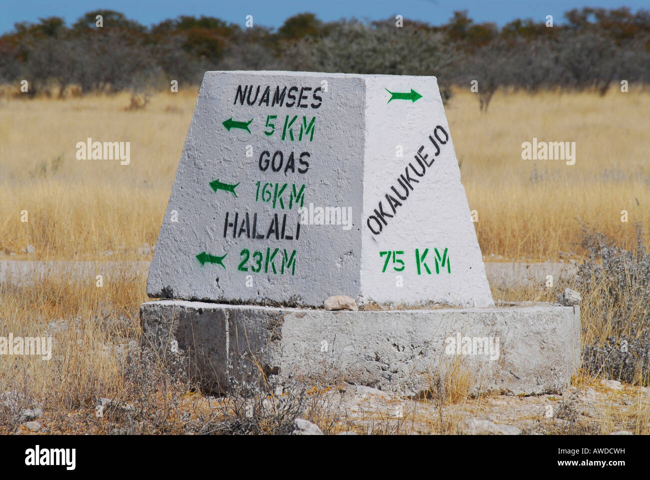 Stone directional marker, Etosha National Park, Namibia, Africa Stock Photo