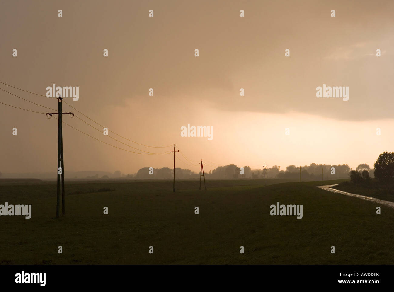 Land on the seaward side of a dyke in the rain, Lower Saxony, Germany Stock Photo