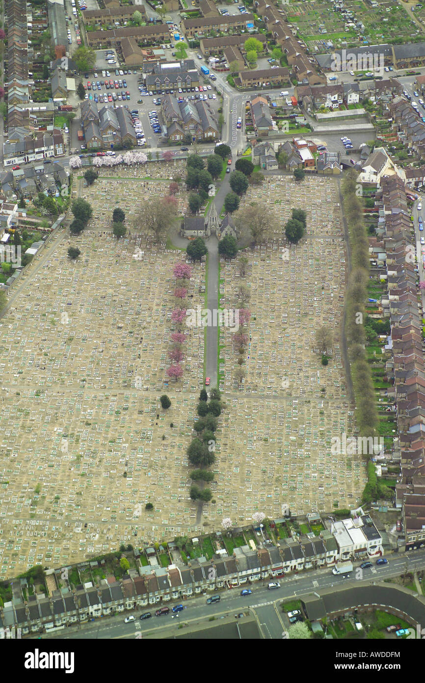Aerial view of Walthamstow Cemetery in North London, which also has two chapels, a belfry and a Coroner's Court Stock Photo