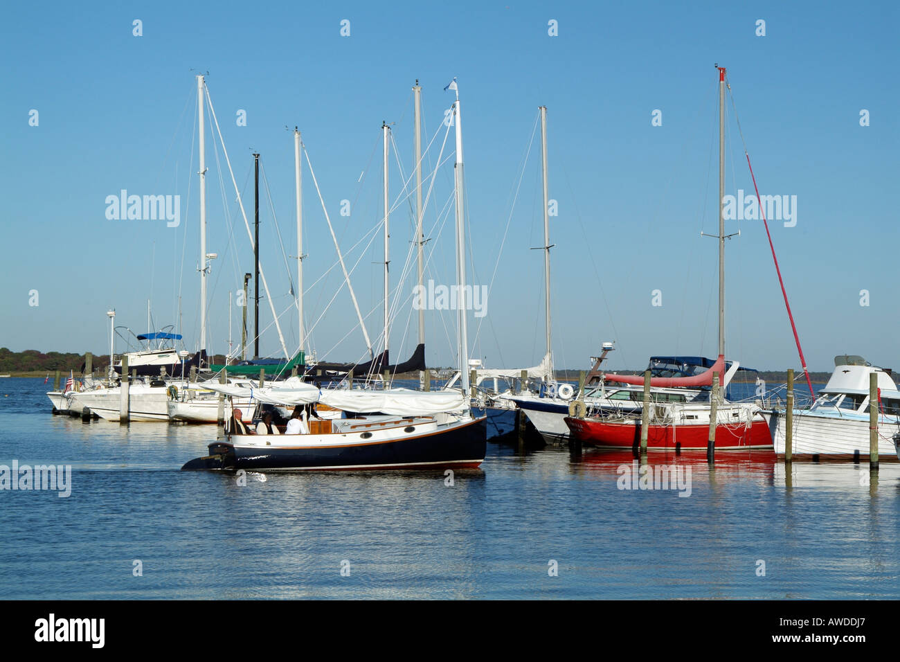 Boats on a pontoon in the Bellport marina Long Island New York USA