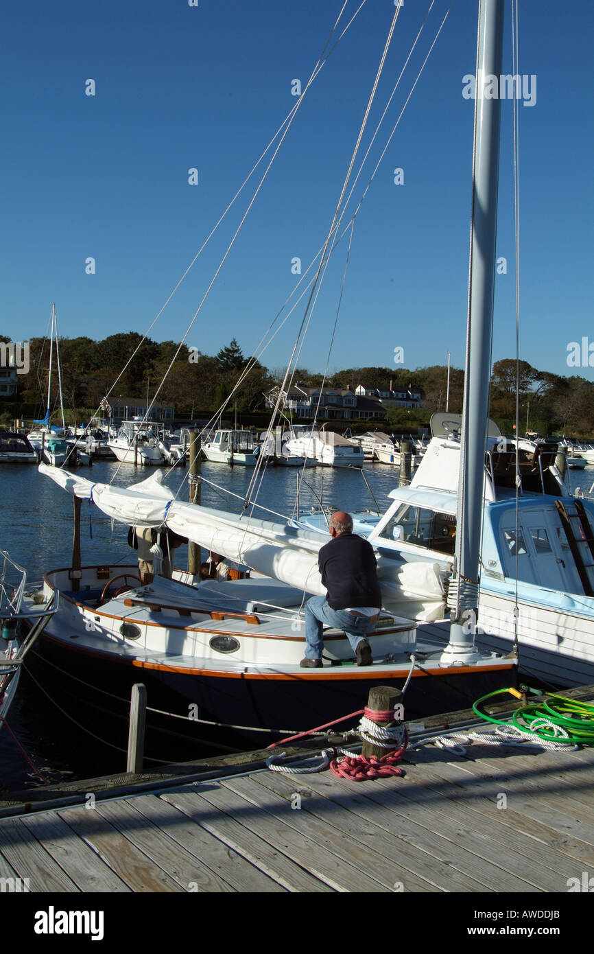 Boats on a pontoon in the Bellport marina Long Island New York USA