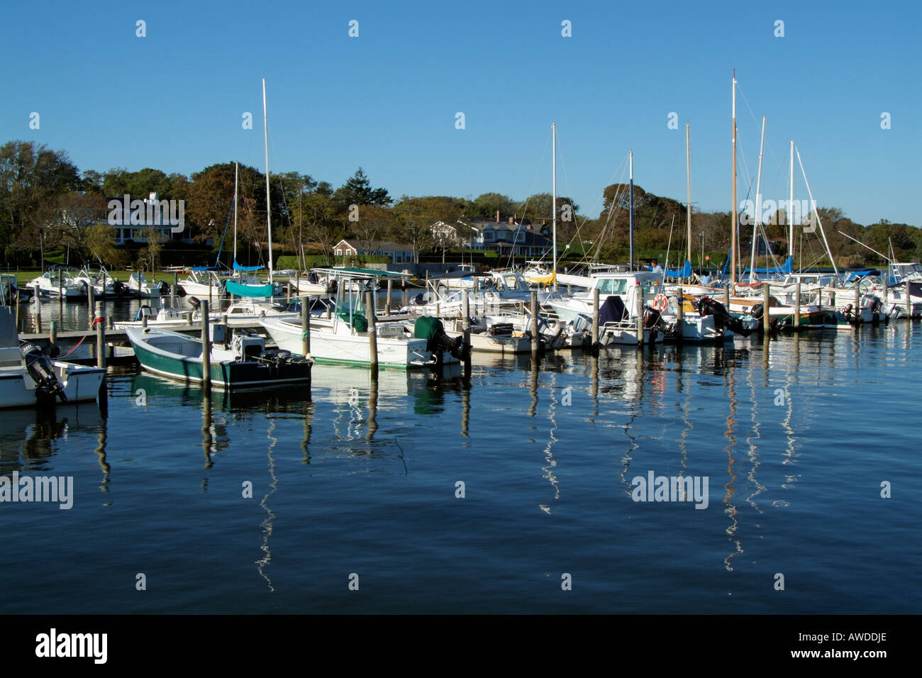 Boats on a pontoon in the Bellport marina Long Island New York USA