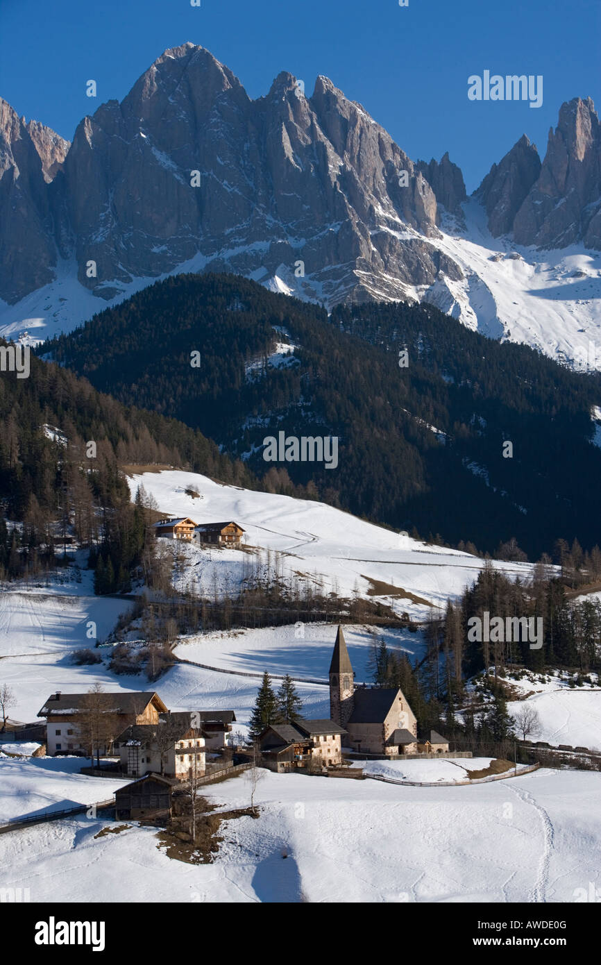 Village Of Saint Magdalena In Winter Snow Val Di Funes Italy Stock Photo Alamy