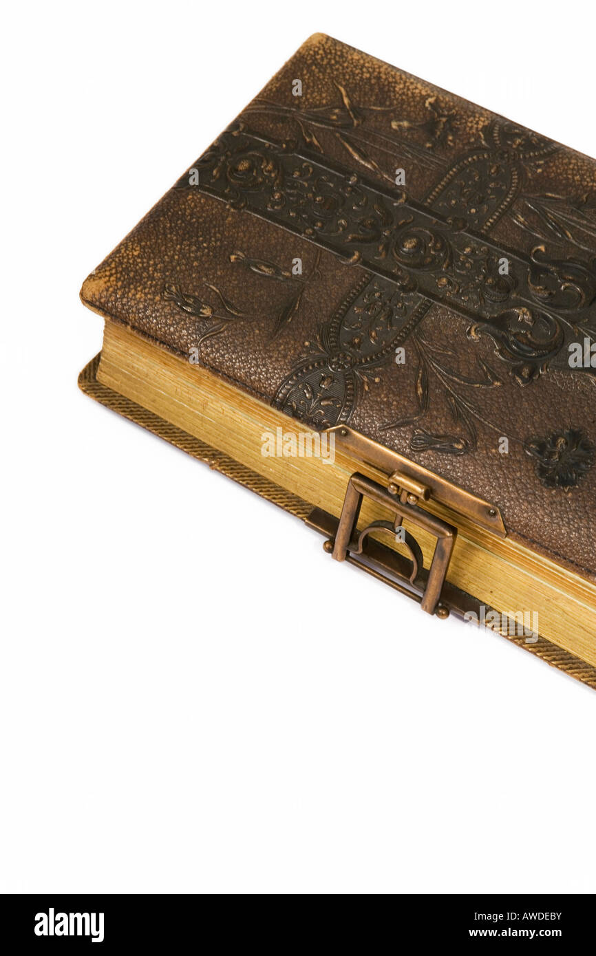 Old photo album leather bound embossed with a brass clasp Stock Photo