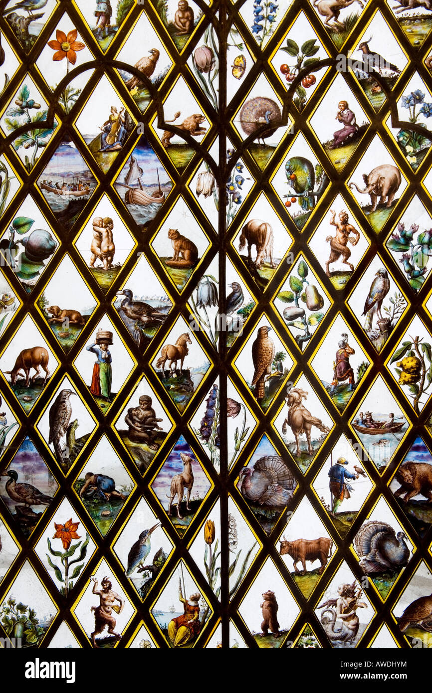 Part of the 17th century painted glass window by Abraham van Linge at Lydiard House, Swindon, Wiltshire, UK Stock Photo