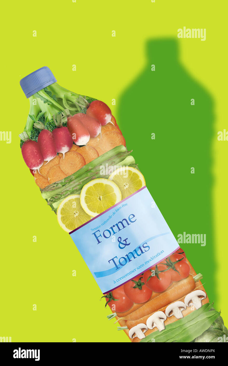 Health and Energyfresh fruits and veg in a bottle with shadow on green