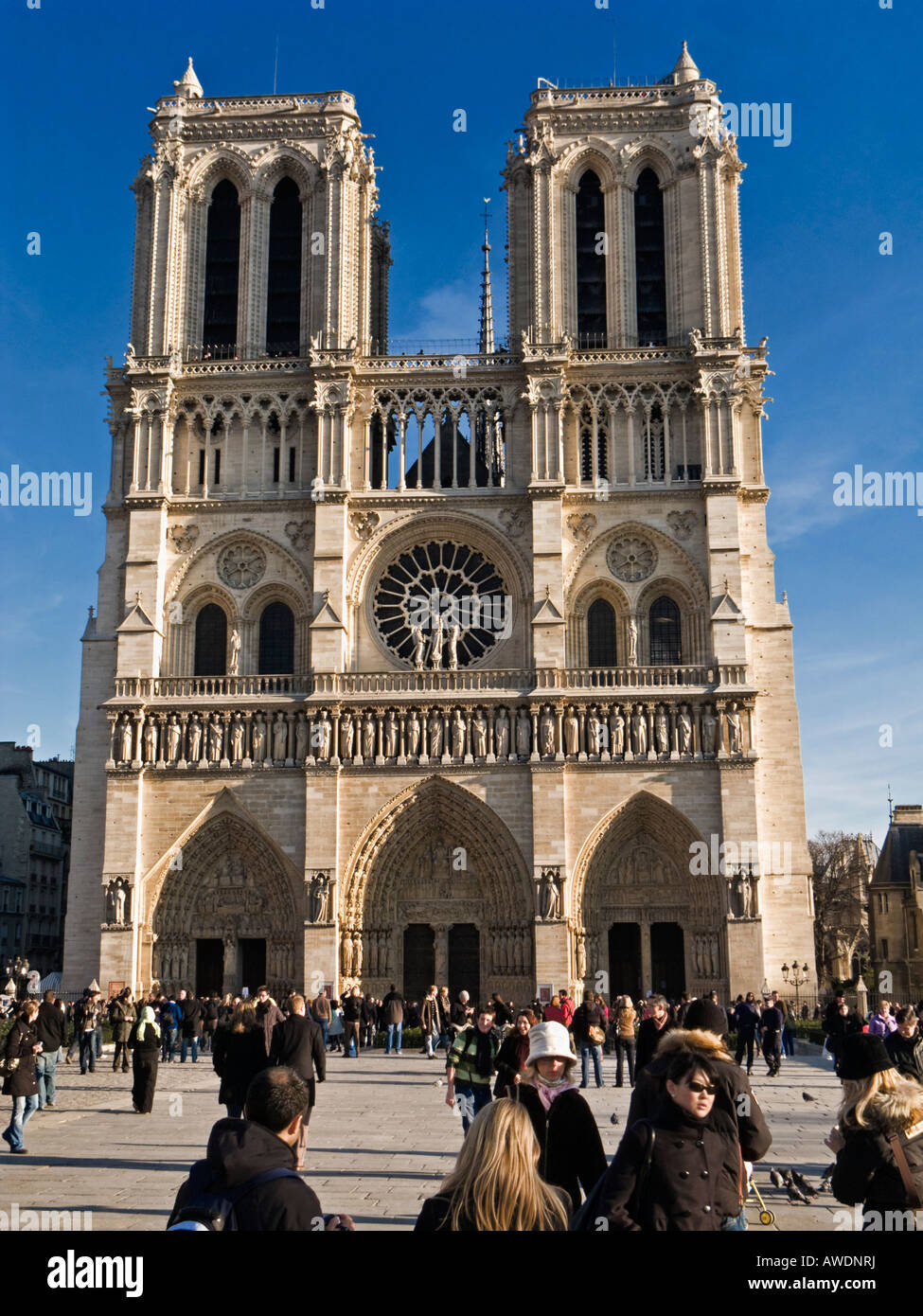 Tourists at Notre Dame Cathedral, Paris in the autumn / winter, sightseeing Stock Photo