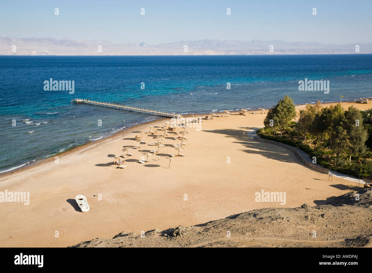 Taba Heights Sinai Peninsula Egypt High view of quiet sandy beach in ...