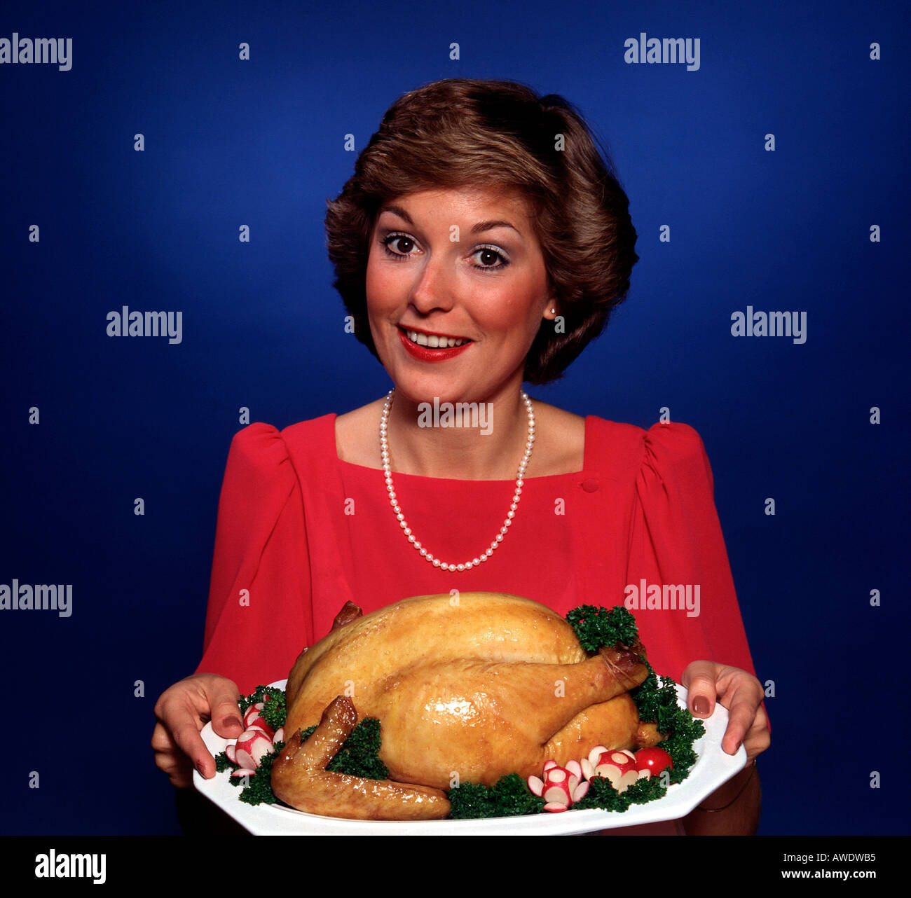 retro look housewife holiday platter turkey copy space Bon Appetit Stock Photo