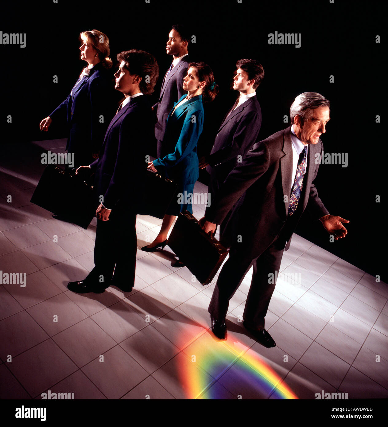 group assortment business people 6 six caucasian afro african american rainbow colors colorful individuality road less traveled Stock Photo