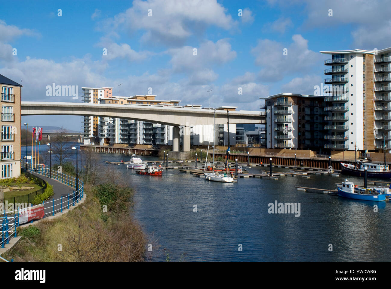 block of flats besides river ely cardiff sports village glamorgan south wales uk Stock Photo