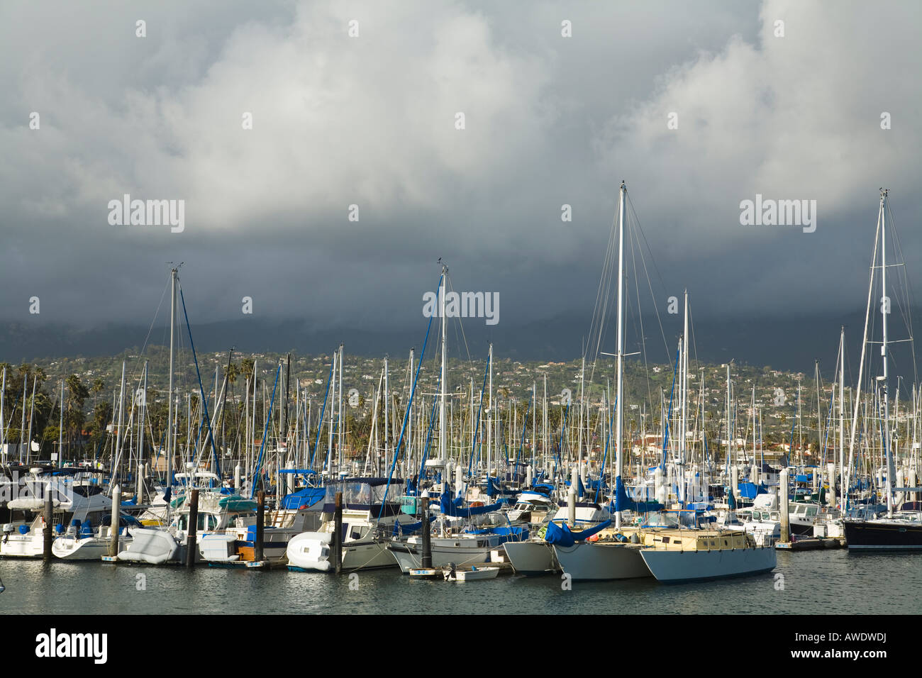 CALIFORNIA Santa Barbara Sailboats and power boats of various sizes docked in harbor and marina view from Maritime Museum Stock Photo