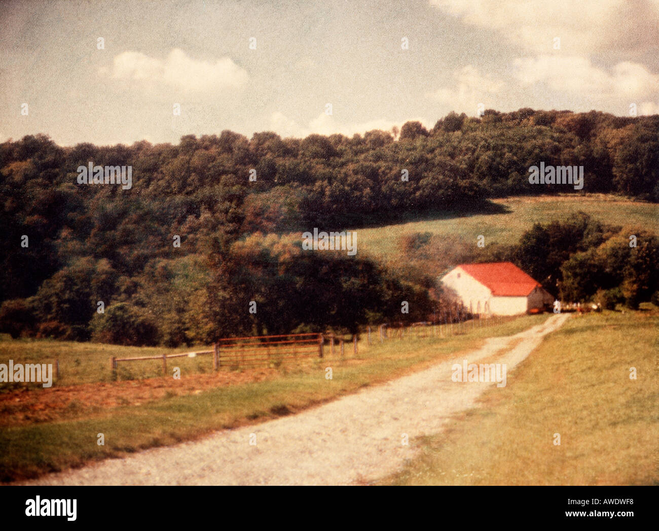 polaroid transfer long dirt road leading to red roof barn country ...