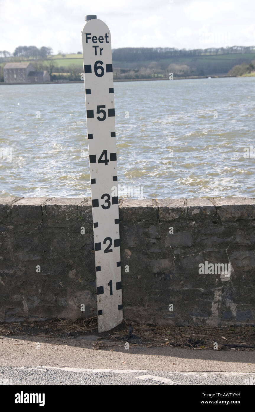 roadside flood height measuring gauge at Carew Pembrokeshire Wales UK Stock Photo Alamy
